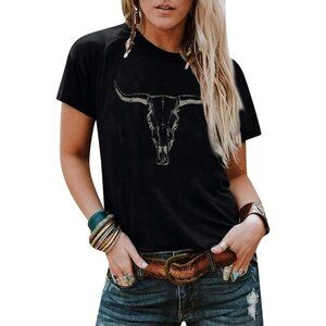 🆕 Women Black Boho Cow Skull Vintage Western Rodeo Graphic Short Sleeve Shirts